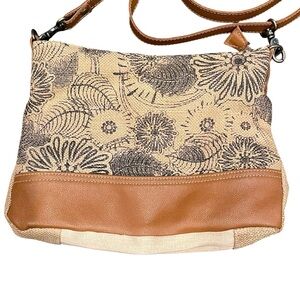 Myra Bags Burlap Floral Bag Tan Brown Crossbody Purse Woven Canvas Leather Boho